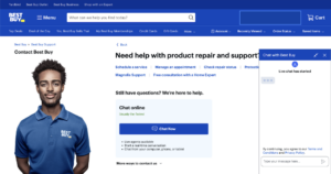 A page on the Best Buy website offering customer support and a chatbot for any questions.
